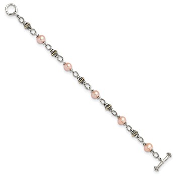 Shey Couture Sterling Silver with 14K Accent 7.5 Inch Antiqued 9-10mm Freshwater Cultured Pink Pearl Bracelet — alternate view