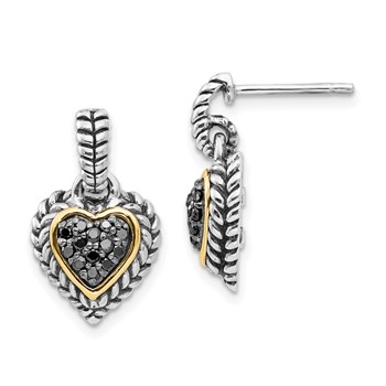 Shey Couture Sterling Silver with 14K Accent Antiqued Black Diamond Dangle Post Heart Earrings