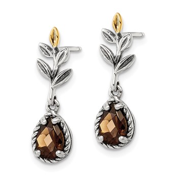 Shey Couture Sterling Silver with 14K Accent Leaves Pear Shaped Checkerboard Smoky Quartz Dangle Post Earrings — alternate view