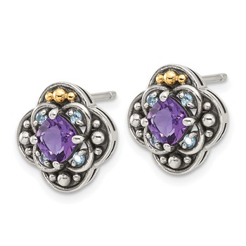 Shey Couture Sterling Silver with 14k Accent Antiqued .91 Amethyst / .11Swiss Blue Topaz Post Earrings — alternate view