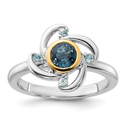 Sterling Silver Rh-pl w/14K .69 London / .08 Swiss Blue Topaz Ring