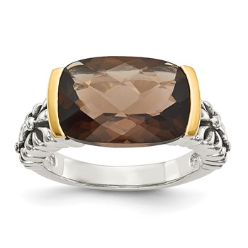 Shey Couture Sterling Silver with 14K Accent Antiqued Cushion Checkerboard Smoky Quartz Ring