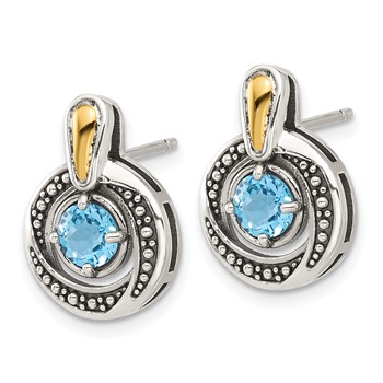 Shey Couture Sterling Silver Antiqued with 14k Accent Light Swiss Blue Topaz Post Earrings — alternate view