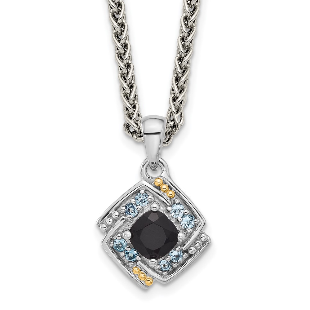 Sterling Silver Rh-pl w/14K .49 Onyx and .16 Swiss Blue Topaz Necklace