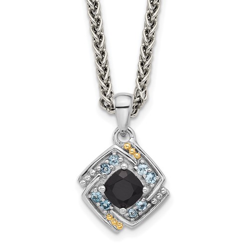 Sterling Silver Rh-pl w/14K .49 Onyx and .16 Swiss Blue Topaz Necklace