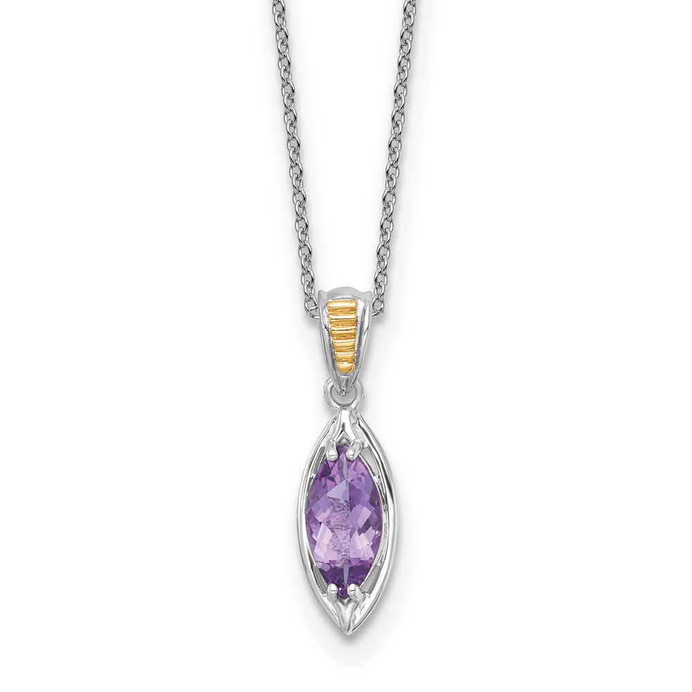 Sterling Silver RH-plated w/14k Accent Amethyst Navette Necklace