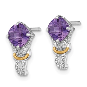 Shey Couture Sterling Silver Rhodium-plated with 14k Accent Checker-cut Cushion Amethyst and .02ct. Diamond Post Earrings — alternate view