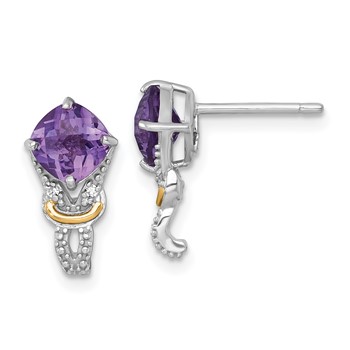Shey Couture Sterling Silver Rhodium-plated with 14k Accent Checker-cut Cushion Amethyst and .02ct. Diamond Post Earrings
