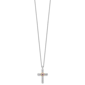 Shey Couture Sterling Silver Rhodium-plated with 14k Accent Round Amethyst Textured Cross 18 inch with 2 inch Extension Necklace — alternate view