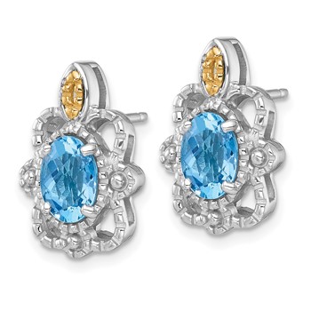 Shey Couture Sterling Silver Rhodium-plated with 14k Accent Oval Light Swiss Blue Topaz Vintage Post Earrings — alternate view