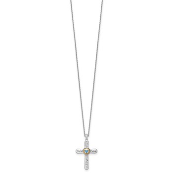Shey Couture Sterling Silver Rhodium-plated with 14k Accent Round London Blue Topaz Textured Cross 18 inch with 2 inch Extension Necklace — alternate view