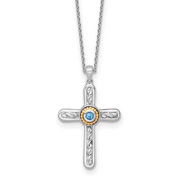 Shey Couture Sterling Silver Rhodium-plated with 14k Accent Round London Blue Topaz Textured Cross 18 inch with 2 inch Extension Necklace