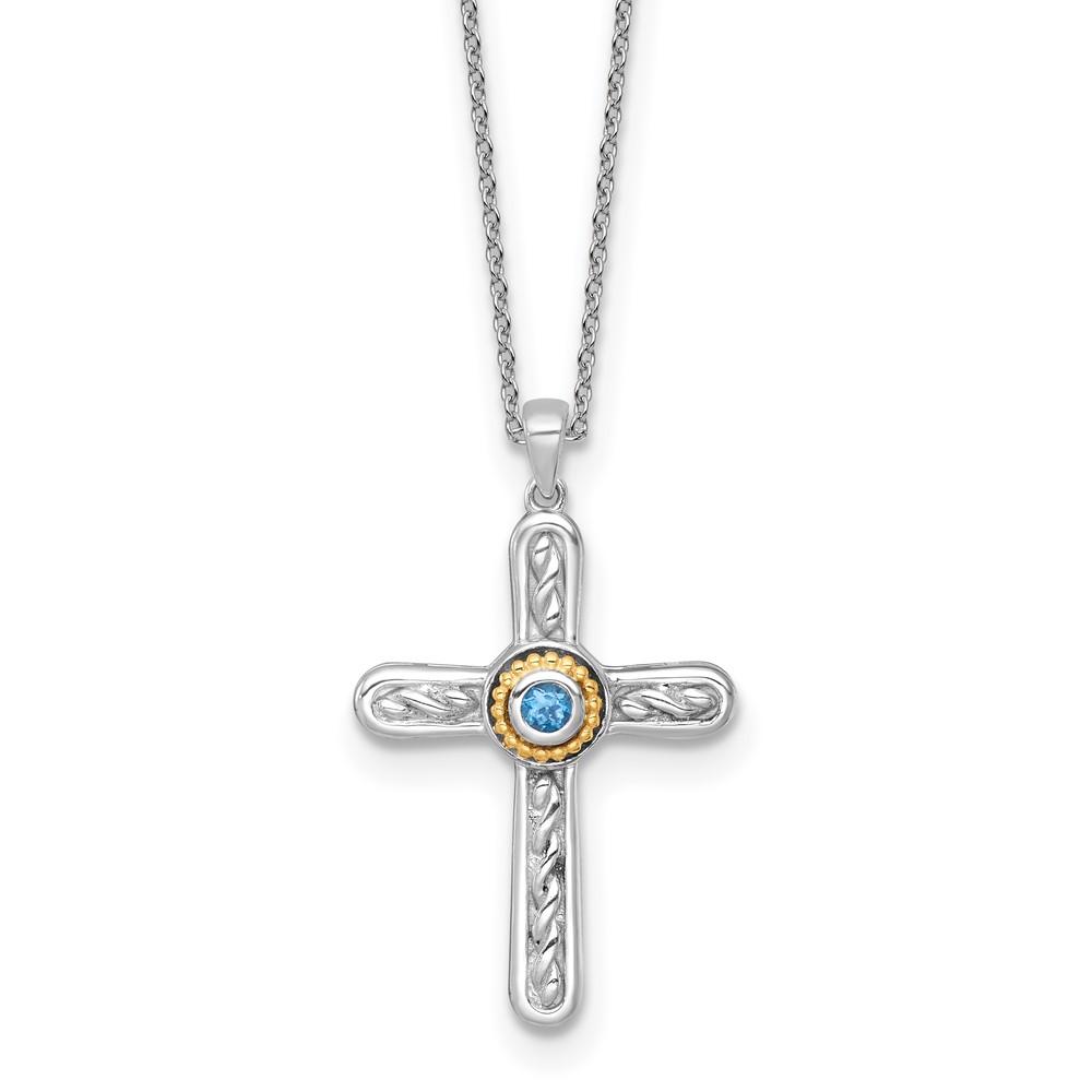 SS RH-pltd w/ 14k Accent Textured London Blue Topaz Cross Necklace