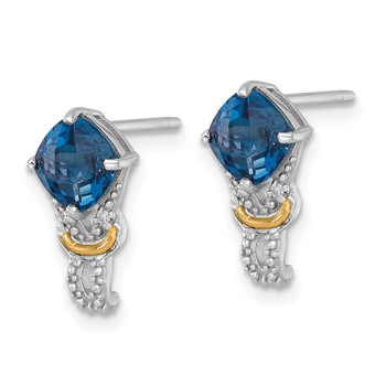 Shey Couture Sterling Silver Rhodium-plated with 14k Accent Checker-cut Cushion London Blue Topaz and .02ct. Diamond Post Earrings — alternate view