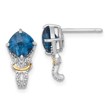 Shey Couture Sterling Silver Rhodium-plated with 14k Accent Checker-cut Cushion London Blue Topaz and .02ct. Diamond Post Earrings