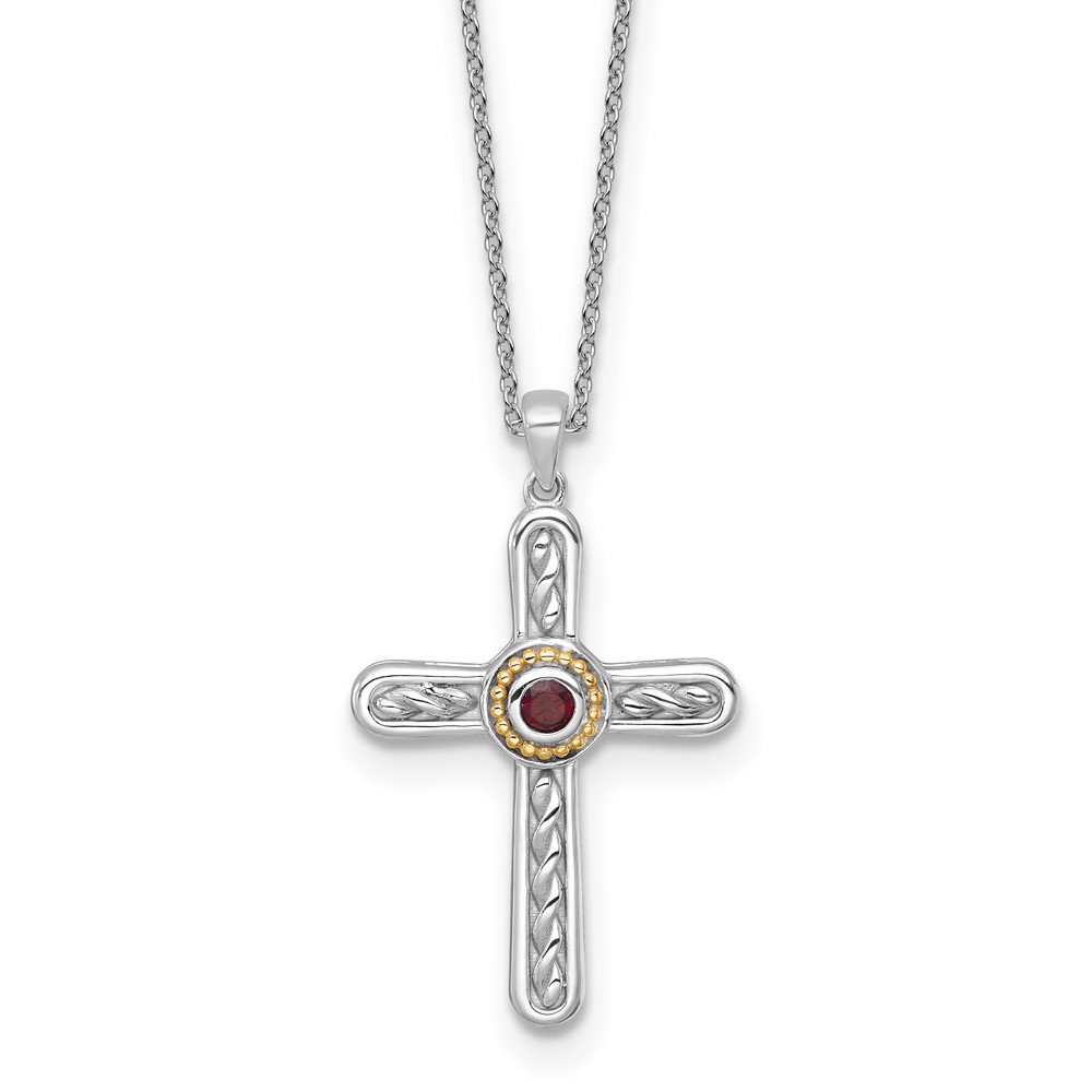 SS RH-plated w/ 14k Accent Textured Garnet Cross Necklace