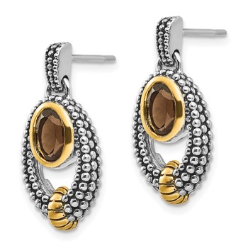 Shey Couture Sterling Silver Gold-tone Flash Gold-plated Antiqued Oval Bezel Smoky Quartz Post Dangle Earrings — alternate view