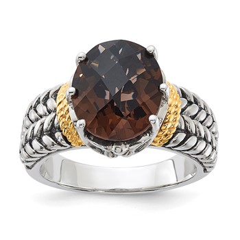 Sterling Silver w/14k Accent Antiqued Oval Smoky Quartz Ring