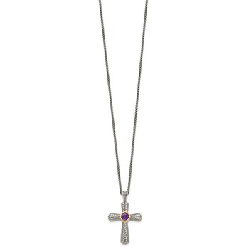 Shey Couture Sterling Silver with 14K Accent 18 Inch Antiqued Cushion Bezel Amethyst Cross Necklace — alternate view