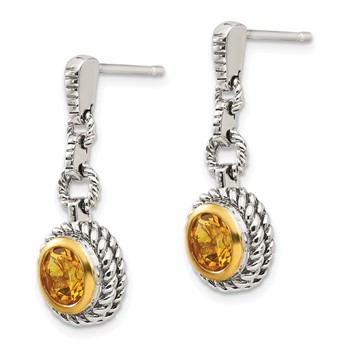 Shey Couture Sterling Silver Gold-tone Flash Gold-plated Antiqued Round Bezel Citrine Post Dangle Earrings — alternate view