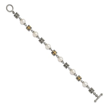 Sterling Silver w/ 14ky Accent Polished & Antiqued Freshwater Cultured Pearl Bracelet — alternate view