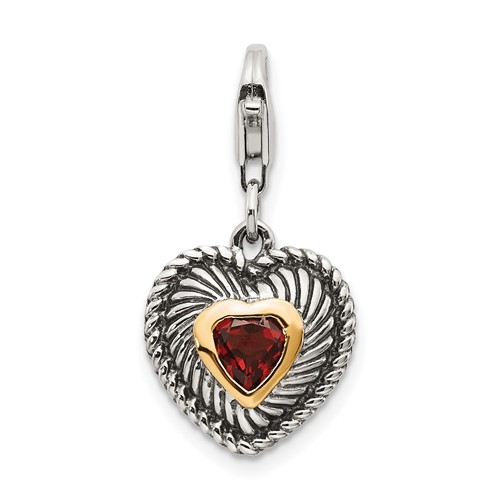 Sterling Silver w/14k Garnet Antiqued Charm