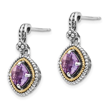 Shey Couture Sterling Silver with 14K Accent Antiqued Cushion Amethyst Post Dangle Earrings — alternate view