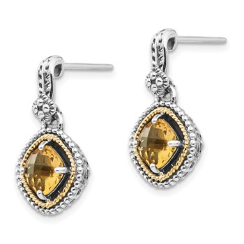 Shey Couture Sterling Silver with 14K Accent Antiqued Cushion Citrine Dangle Post Earrings — alternate view
