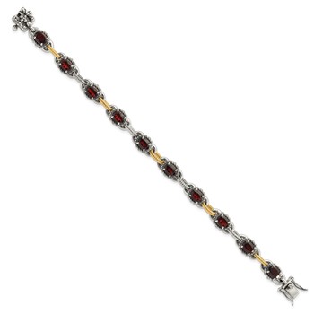 Sterling Silver w/ 14ky Accent Polished & Antiqued Garnet Link Bracelet — alternate view
