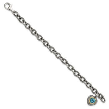 Shey Couture Sterling Silver with 14K Accent 7.5 Inch Antiqued Swiss Blue Topaz Heart Bezel Bracelet — alternate view