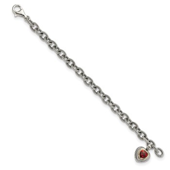 Shey Couture Sterling Silver with 14K Accent 7.25 Inch Antiqued Checkerboard Garnet Heart Link Bracelet — alternate view