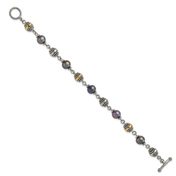 Sterling Silver w/14ky Accent Polished & Antiqued Freshwater Cultured Black Pearl Bracelet — alternate view
