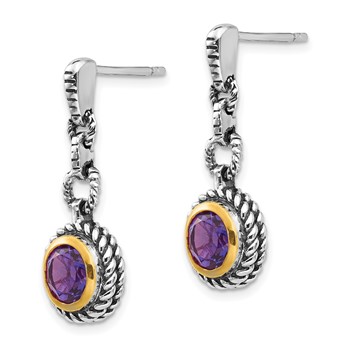 Shey Couture Sterling Silver Gold-tone Flash Gold-plated Antiqued Round Bezel Amethyst Post Dangle Earrings — alternate view