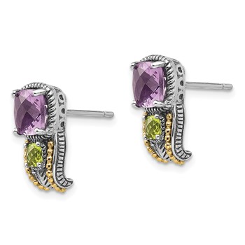 Shey Couture Sterling Silver with 14K Accent Antiqued Cushion 1.50 Amethyst and .24 Peridot Post Earrings — alternate view