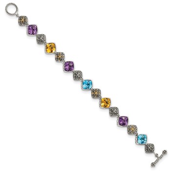 Shey Couture Sterling Silver with 14K Accent 8.25 Inch Antiqued Cushion Bezel 7.95Amethyst/7.1Blue Topaz/5.3Citrine Bracelet — alternate view