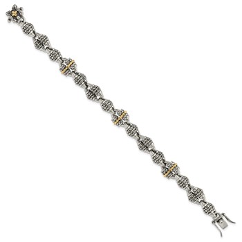 Sterling Silver w/14k Accent Antiqued Beaded Fancy Link Bracelet — alternate view