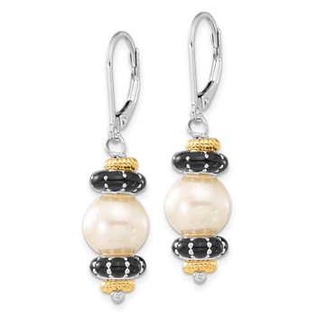 Sterling Silver w/14k Accent Polished Black Enamel & Freshwater Cultured Pearl Leverback Dangle Earrings — alternate view
