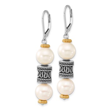 Sterling Silver w/14ky Accent Polished & Antiqued Freshwater Cultured Pearl & Barrel Leverback Dangle Earrings — alternate view