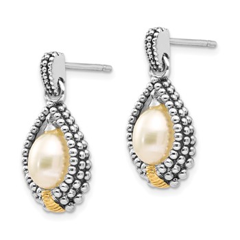 Shey Couture Sterling Silver with 14K Accent Antiqued 7x5mm Freshwater Cultured Pearl Post Drop Earrings — alternate view