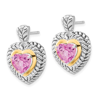 Sterling Silver w/ 14ky Accent Polished & Antiqued Created Pink Sapphire Heart Post Dangle Earrings — alternate view