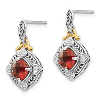 Shey Couture Sterling Silver with 14K Accent Antiqued Diamond and Cushion Garnet Post Dangle Earrings — alternate view