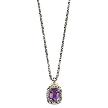 Shey Couture Sterling Silver with 14K Accent 18 Inch Antiqued Checkerboard-cut Cushion Amethyst and Diamond Necklace — alternate view