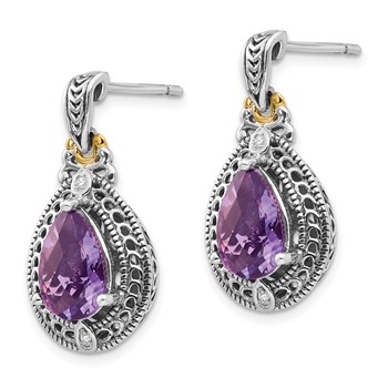 Shey Couture Sterling Silver with 14K Accent Antiqued Diamond and Pear Shaped Amethyst Earrings — alternate view