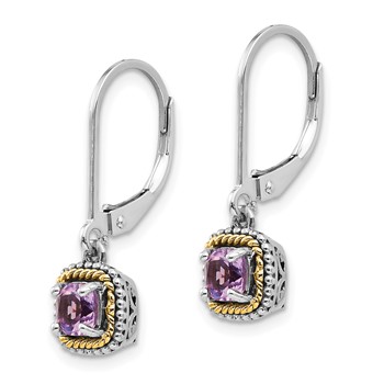 Shey Couture Sterling Silver with 14K Accent Antiqued Cushion Amethyst Leverback Dangle Earrings — alternate view