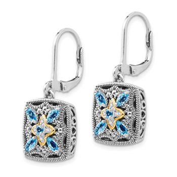 Shey Couture Sterling Silver with 14K Accent Antiqued Diamond and Marquise Blue Topaz Leverback Earrings — alternate view