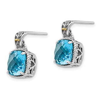 Shey Couture Sterling Silver with 14K Accent Antiqued Cushion Blue Topaz Post Dangle Earrings — alternate view