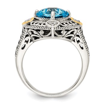 Shey Couture Sterling Silver with 14K Accent Antiqued Diamond and Cushion Blue Topaz Ring — alternate view