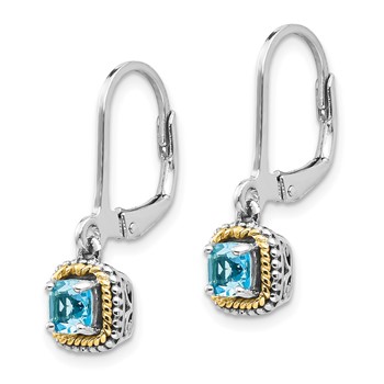 Shey Couture Sterling Silver with 14K Accent Antiqued Cushion Blue Topaz Leverback Dangle Earrings — alternate view