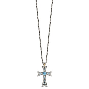 Shey Couture Sterling Silver Rhodium-plated with 14K Accent 18 Inch Antiqued Round Blue Topaz Cross Necklace — alternate view