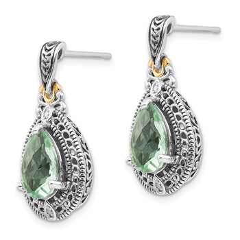 Shey Couture Sterling Silver with 14K Accent Antiqued Diamond and Pear Shaped Green Quartz Post Dangle Earrings — alternate view
